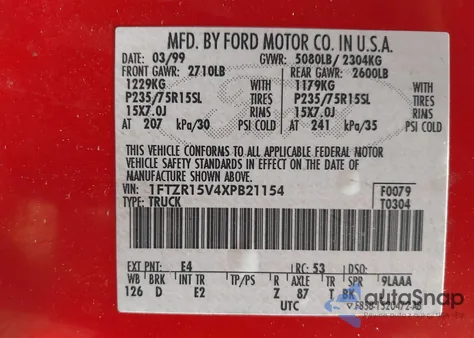 1999 Ford Ranger Xl/Xlt из США, поврежденный, VIN 1FTZR15V4XPB21154